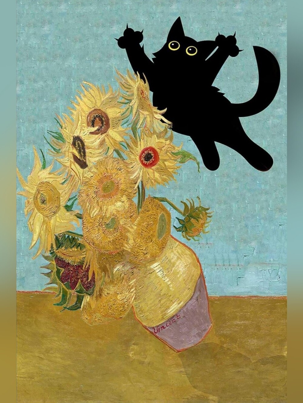 Art Print Black Cat Over Van Gogh Sunflowers - Yellow & Turquoise 8.5x11